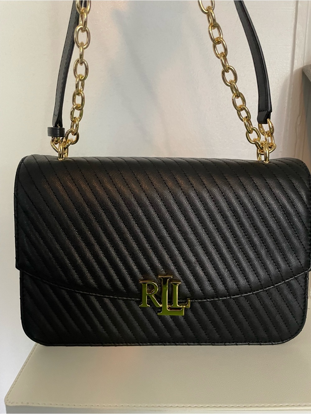 Ralph Lauren Black Quilted Elmswood Madison Crossbody Bag with Gold RL Hardware